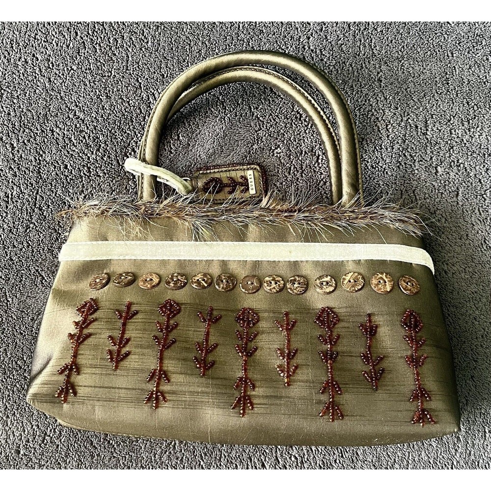 Guess Y2K Button Beaded Mixed Media Mini Handbag Green NWOT